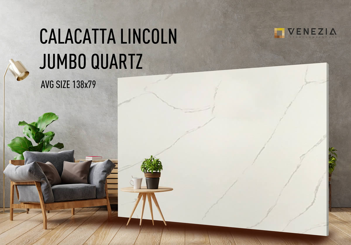 Calacatta Lincoln Jumbo Quartz in stock