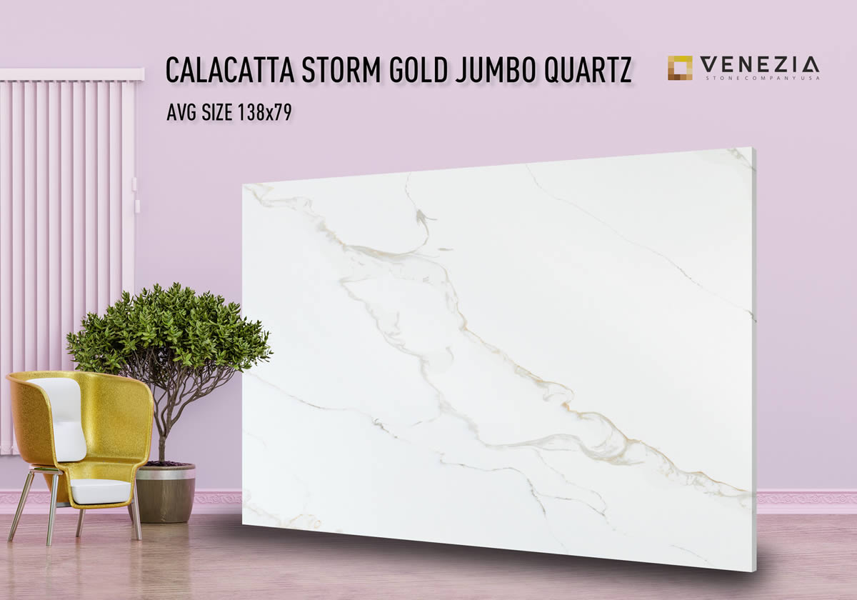 Calacatta Storm Gold Jumbo Quartz in stock